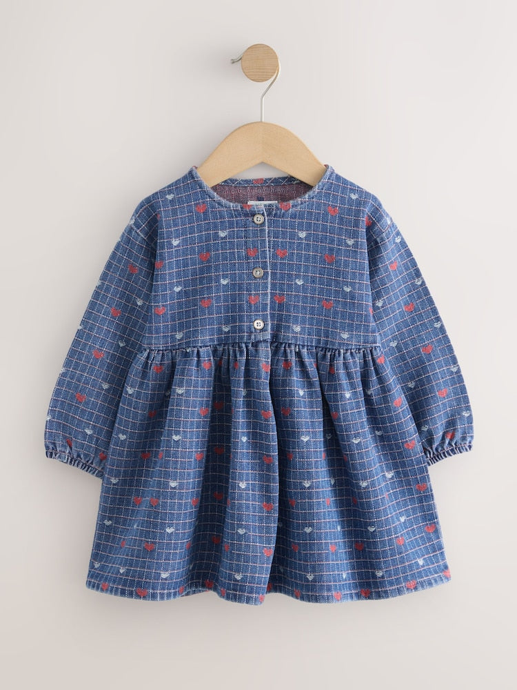 Blue Denim Jaquard Heart Denim Long Sleeve