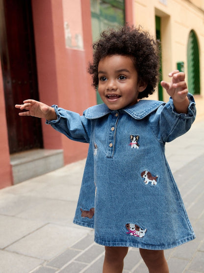 Blue Denim Embroidered Dog Character Collar Dress (3mths-8yrs) - Blue Denim Embroidered Dog Character Collar / 12-18 Months (80-86cm)