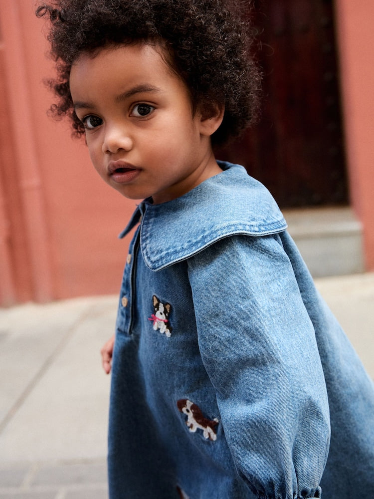 Blue Denim Embroidered Dog Character Collar