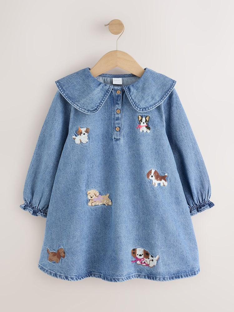 Blue Denim Embroidered Dog Character Collar