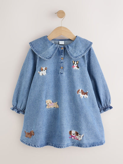 Blue Denim Embroidered Dog Character Collar