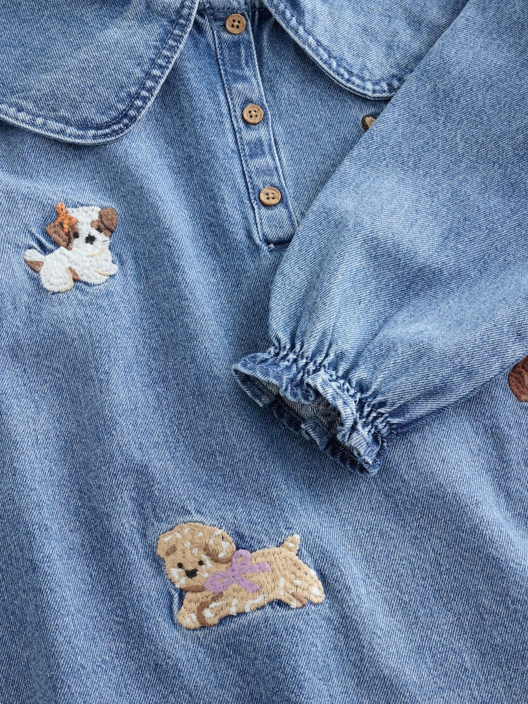Blue Denim Embroidered Dog Character Collar