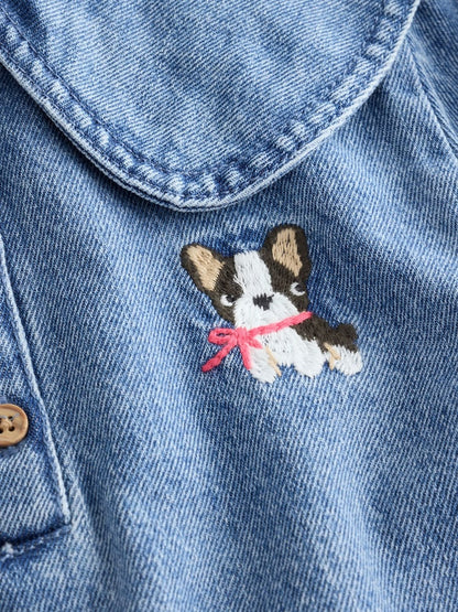 Blue Denim Embroidered Dog Character Collar