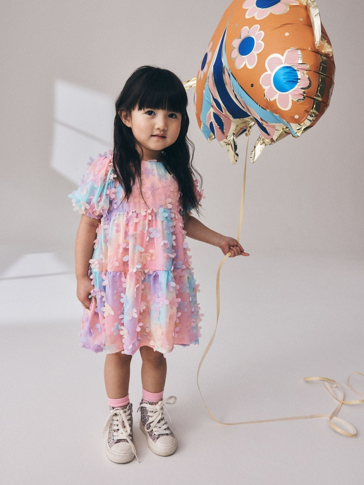 Rainbow Short Sleeve 3D Flowers Dress (3mths-8yrs)