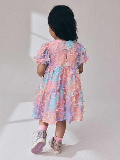 Rainbow Short Sleeve 3D Flowers Dress (3mths-8yrs)