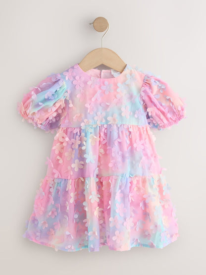 Rainbow Short Sleeve 3D Flowers Dress (3mths-8yrs)