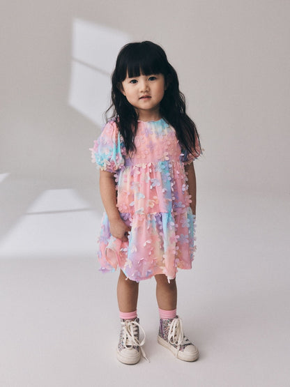 Rainbow Short Sleeve 3D Flowers Dress (3mths-8yrs)