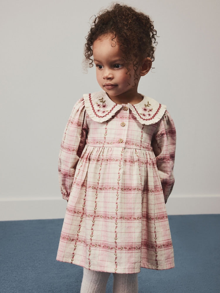 Pink Check Long Sleeve Collar Dress (3mths-8yrs) - Pink Check Long Sleeve Collar / 12-18 Months (80-86cm)