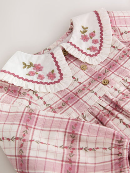 Pink Check Long Sleeve Collar