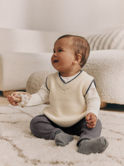 Charcoal Grey/Cream Baby Knit Vest, Bodysuit and Trousers Set (0mths-3yrs) - Charcoal Grey/Cream / Up to 1 Month (50-56cm)