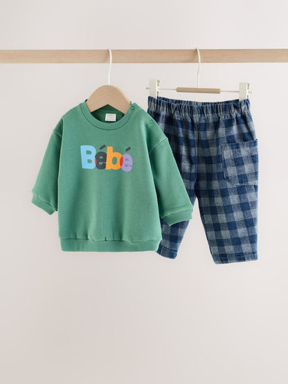Green Slogan Sweat Top and Trousers Baby Set (0mths-2yrs) - Green Slogan / Up to 1 Month (50-56cm)