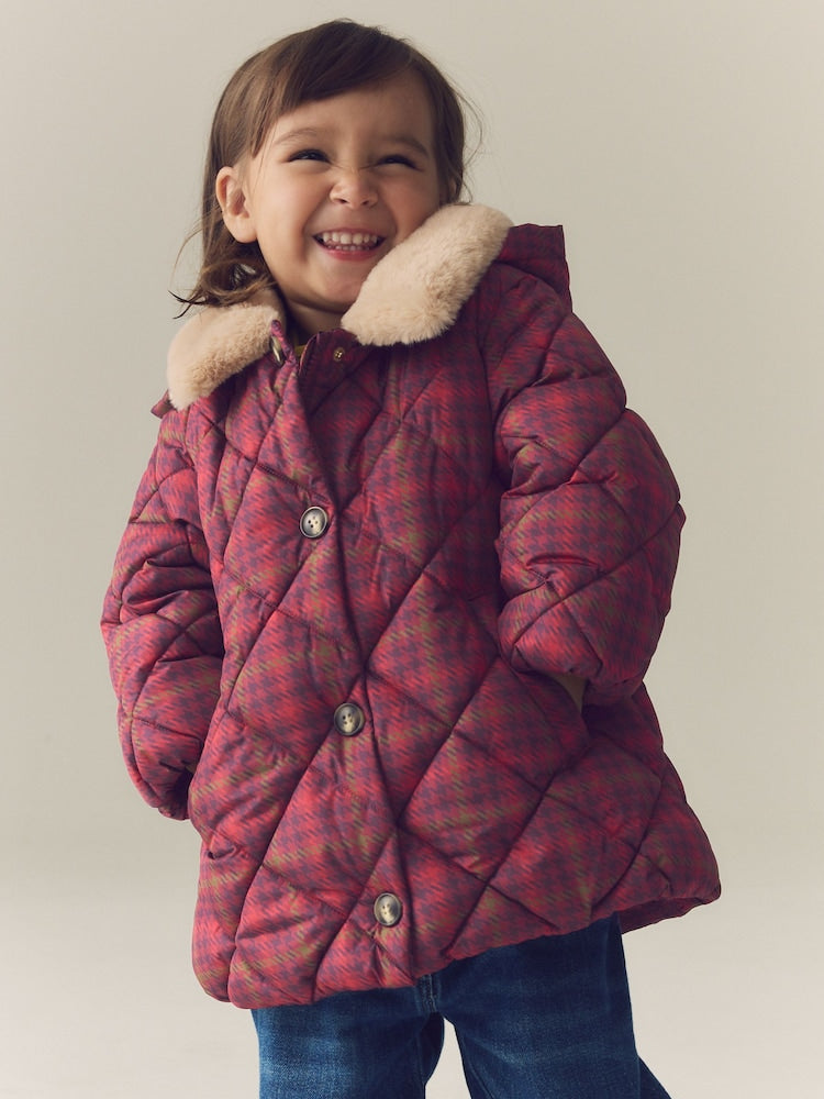 Burgundy Red Check Faux Fur Collar Shower Resistant Padded Duffle Coat (3mths-7yrs) - 12-18 Months (80-86cm)