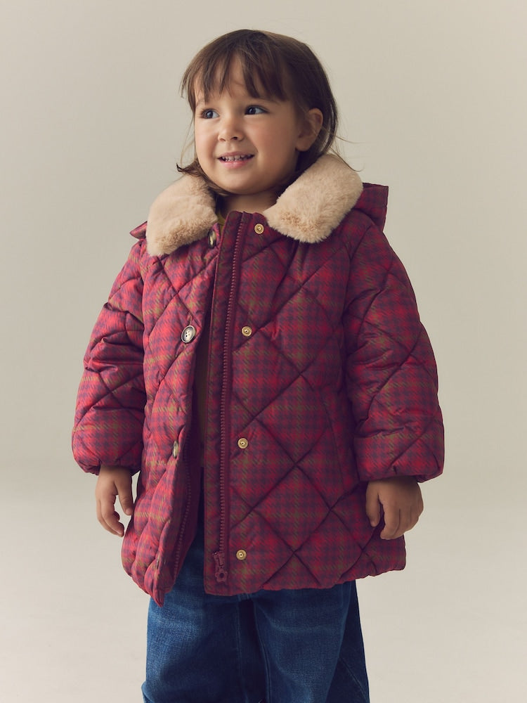 Burgundy Red Check Faux Fur Collar Shower Resistant Padded Duffle Coat (3mths-7yrs)