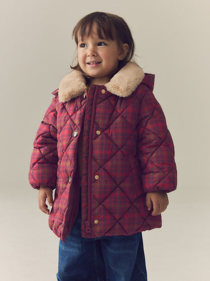 Burgundy Red Check Faux Fur Collar Shower Resistant Padded Duffle Coat (3mths-7yrs)