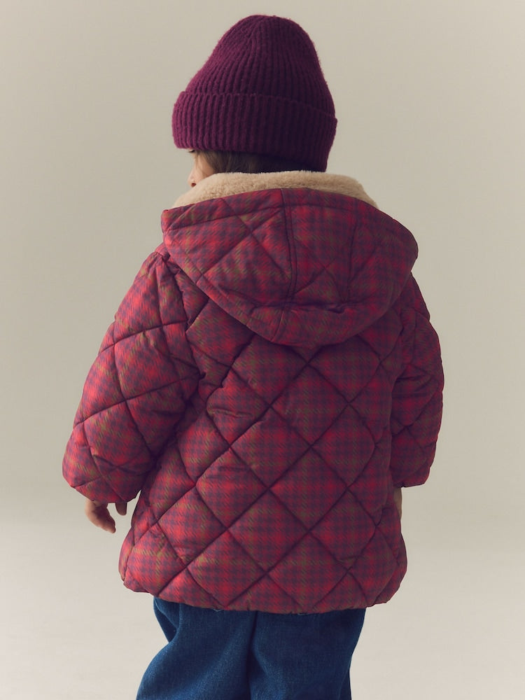 Burgundy Red Check Faux Fur Collar Shower Resistant Padded Duffle Coat (3mths-7yrs)