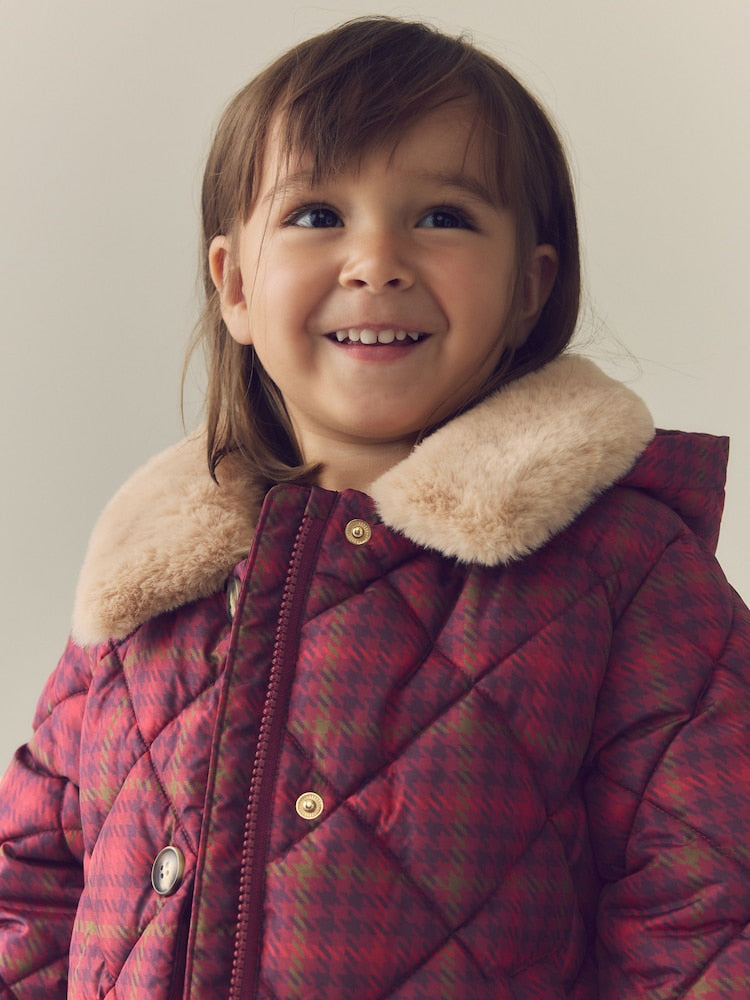 Burgundy Red Check Faux Fur Collar Shower Resistant Padded Duffle Coat (3mths-7yrs)