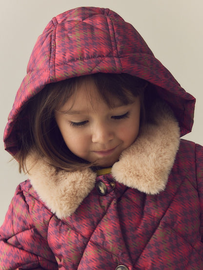 Burgundy Red Check Faux Fur Collar Shower Resistant Padded Duffle Coat (3mths-7yrs)