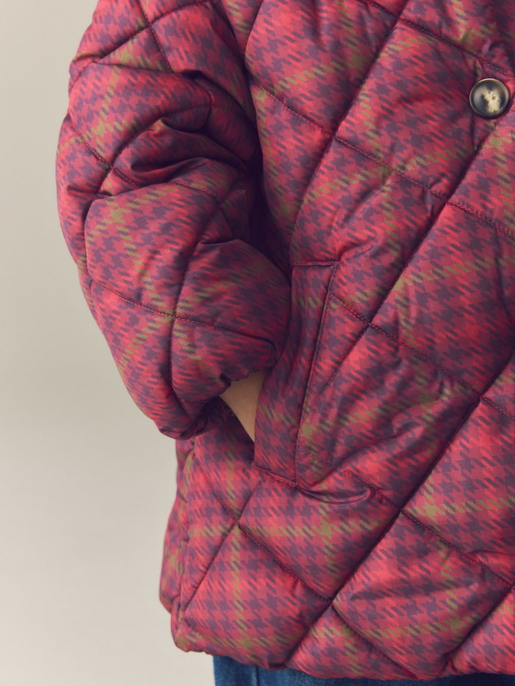 Burgundy Red Check Faux Fur Collar Shower Resistant Padded Duffle Coat (3mths-7yrs)