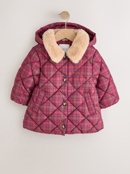 Burgundy Red Check Faux Fur Collar Shower Resistant Padded Duffle Coat (3mths-7yrs)