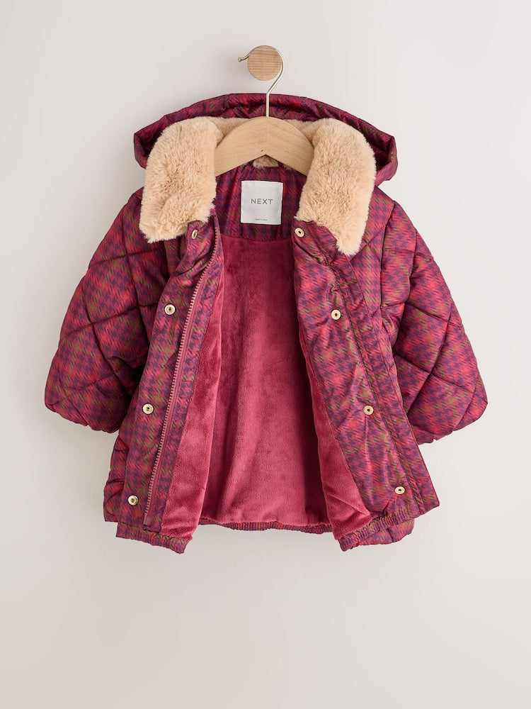 Burgundy Red Check Faux Fur Collar Shower Resistant Padded Duffle Coat (3mths-7yrs)