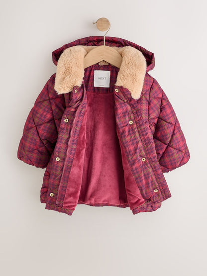 Burgundy Red Check Faux Fur Collar Shower Resistant Padded Duffle Coat (3mths-7yrs)
