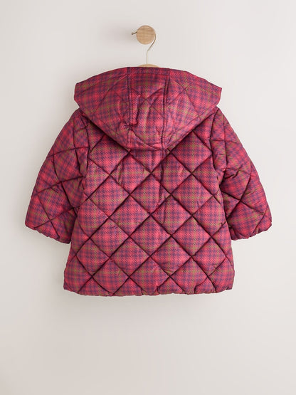 Burgundy Red Check Faux Fur Collar Shower Resistant Padded Duffle Coat (3mths-7yrs)