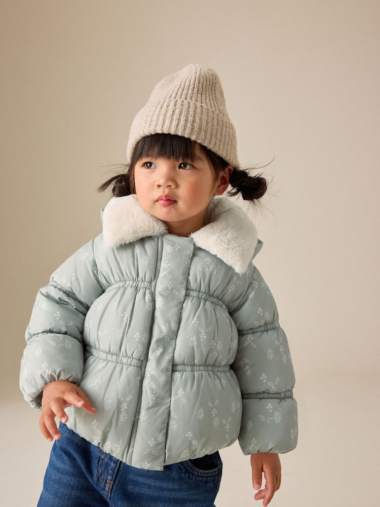 Sage Green Floral Shower Resistant Faux Fur Collar Padded Coat (3mths-7yrs) - Sage Green Floral / 12 - 18 Months (80 - 86cm)