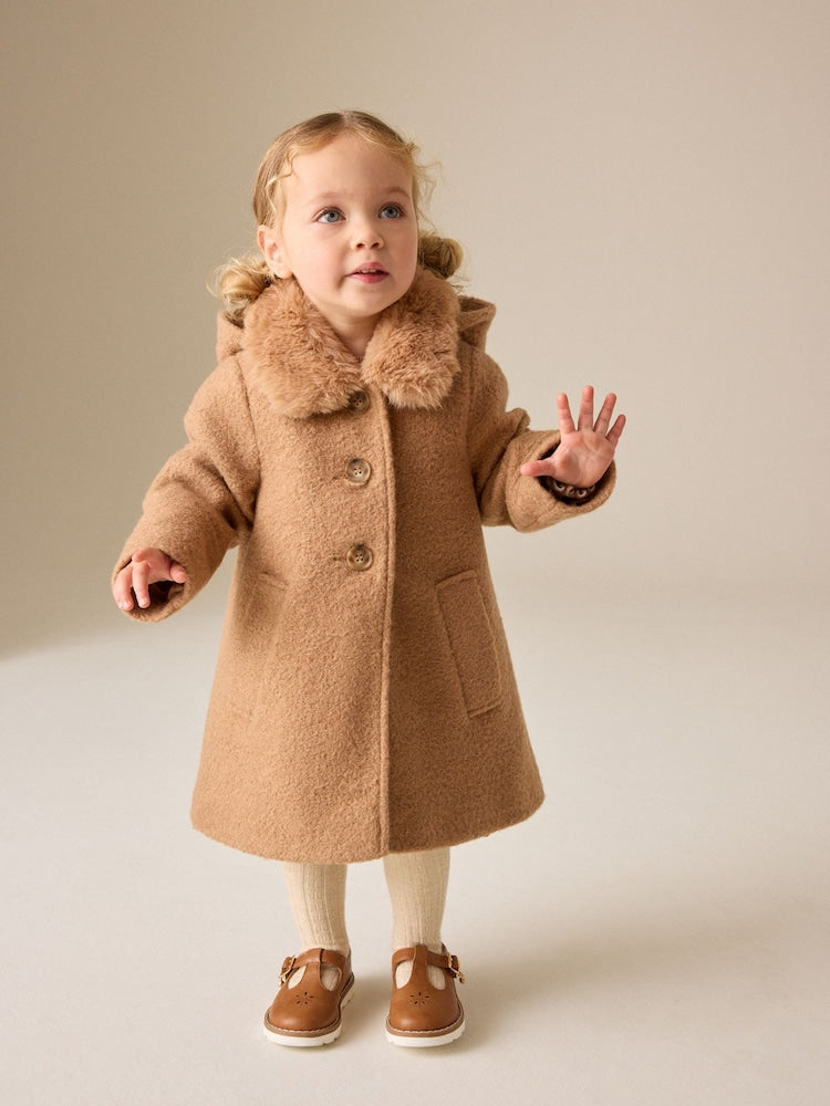 Camel Brown Faux Fur Collar Hooded Coat (3mths-7yrs) - Camel Brown / 12-18 Months (80-86cm)