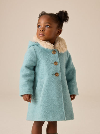 Blue Faux Fur Collar Hooded Coat (3mths-7yrs) - Blue / 12-18 Months (80-86cm)
