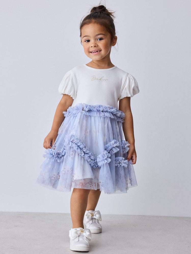 Baker by Ted Baker Pale Blue Floral Ruffle Mesh Tiered Mockable Dress