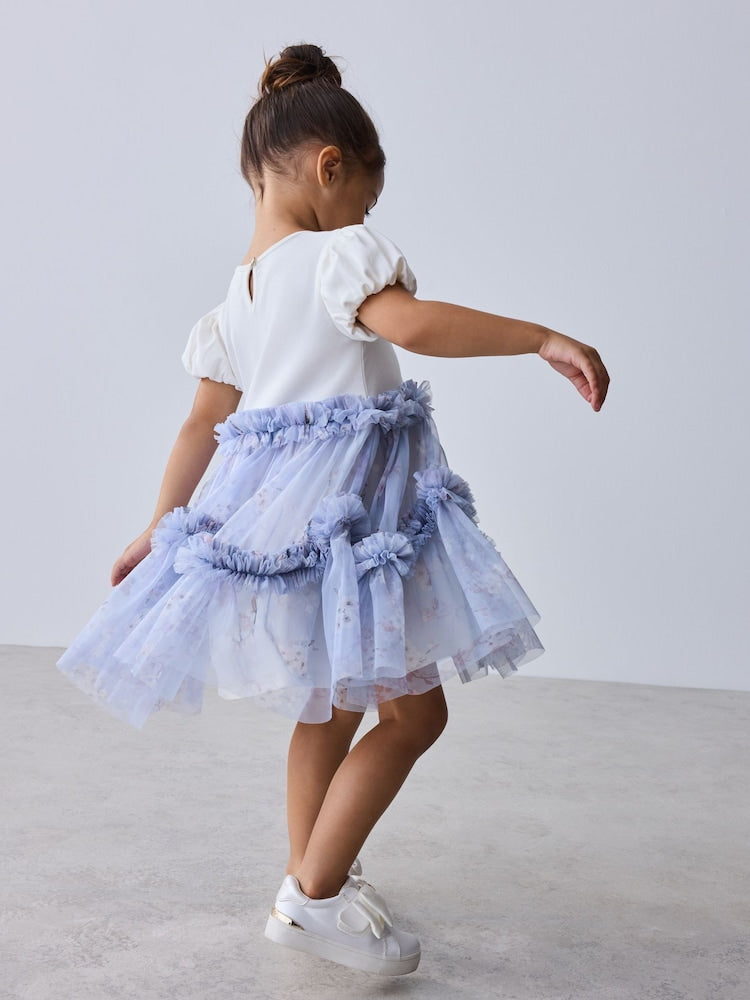 Baker by Ted Baker Pale Blue Floral Ruffle Mesh Tiered Mockable Dress