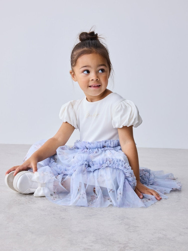 Baker by Ted Baker Pale Blue Floral Ruffle Mesh Tiered Mockable Dress