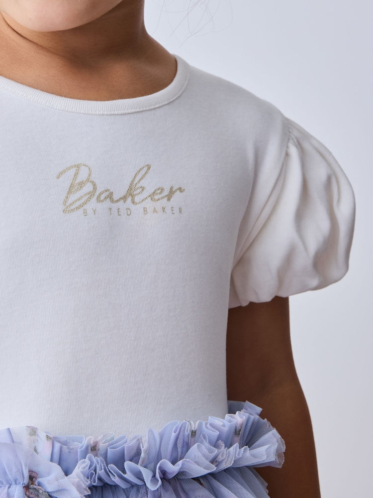 Baker by Ted Baker Pale Blue Floral Ruffle Mesh Tiered Mockable Dress