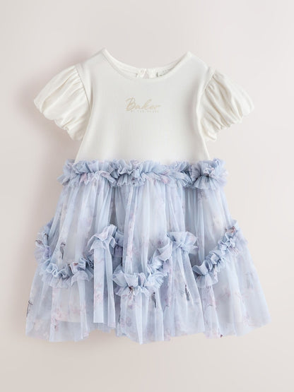 Baker by Ted Baker Pale Blue Floral Ruffle Mesh Tiered Mockable Dress