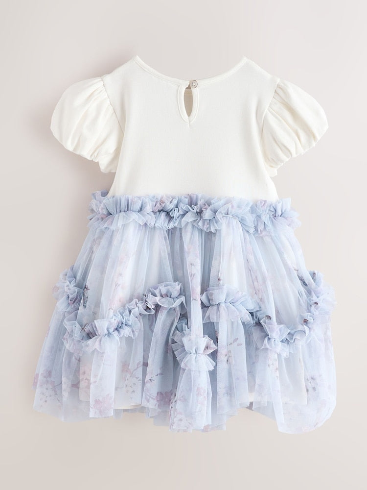 Baker by Ted Baker Pale Blue Floral Ruffle Mesh Tiered Mockable Dress