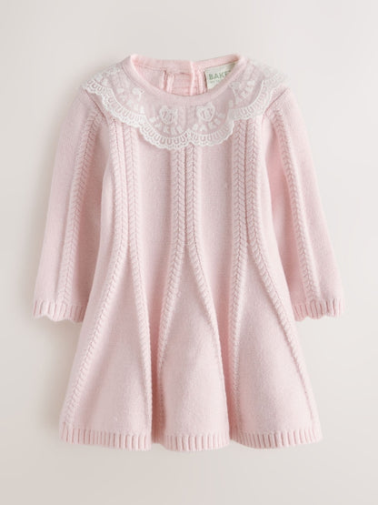 Baker by Ted Baker Pale Pink Organza Collar Knitted Dress with Tights