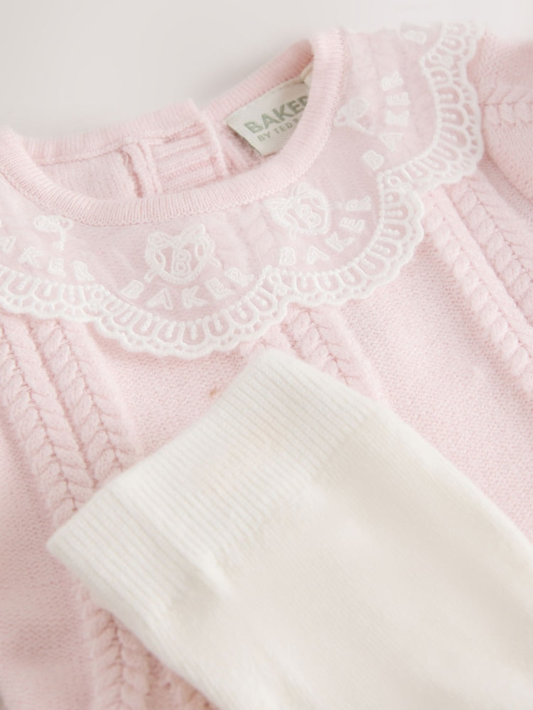 Baker by Ted Baker Pale Pink Organza Collar Knitted Dress with Tights