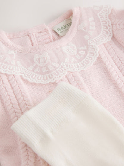 Baker by Ted Baker Pale Pink Organza Collar Knitted Dress with Tights