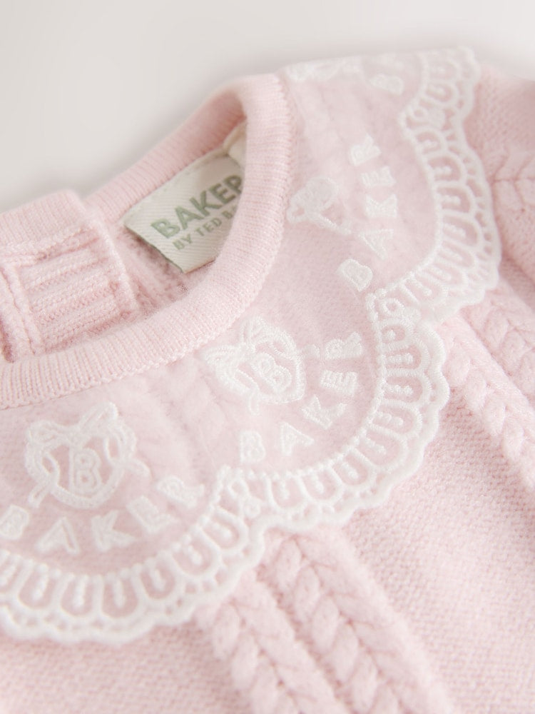 Baker by Ted Baker Pale Pink Organza Collar Knitted Dress with Tights