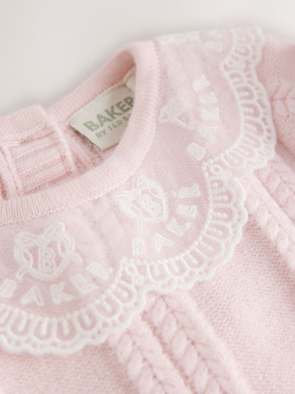 Baker by Ted Baker Pale Pink Organza Collar Knitted Dress with Tights