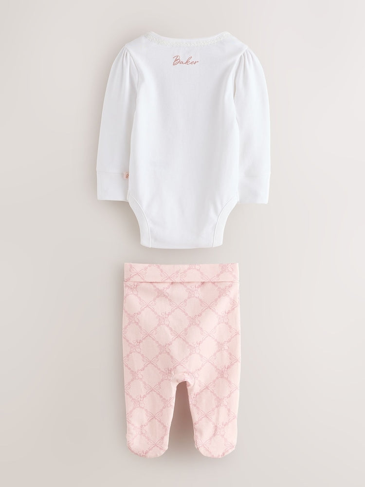 Baker by Ted Baker Pink 3 Piece Bodysuit, Monogram Printed Leggings &amp; Turban Set