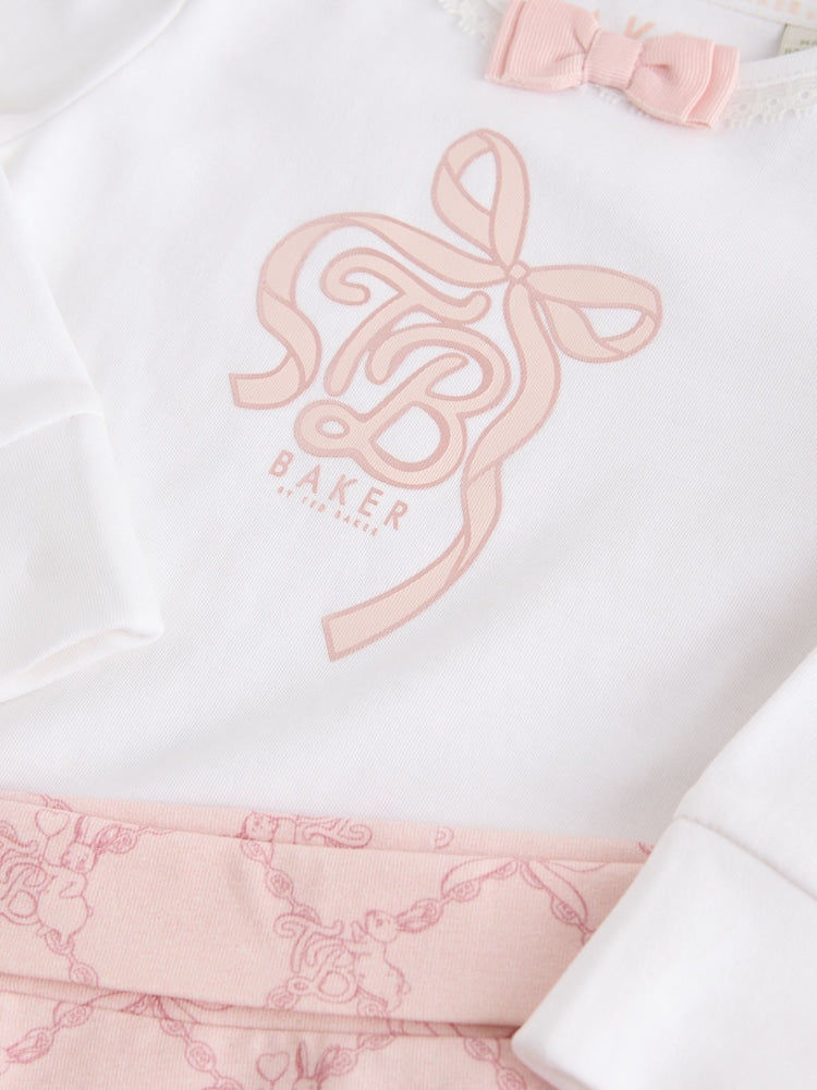 Baker by Ted Baker Pink 3 Piece Bodysuit, Monogram Printed Leggings &amp; Turban Set