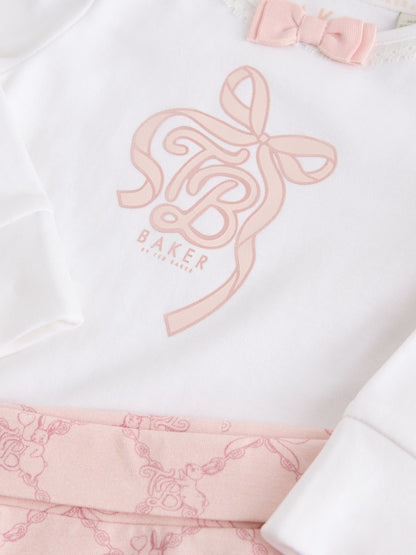 Baker by Ted Baker Pink 3 Piece Bodysuit, Monogram Printed Leggings &amp; Turban Set