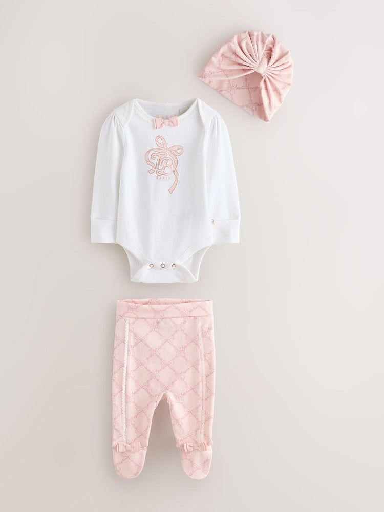 Baker by Ted Baker Pink 3 Piece Bodysuit, Monogram Printed Leggings &amp; Turban Set