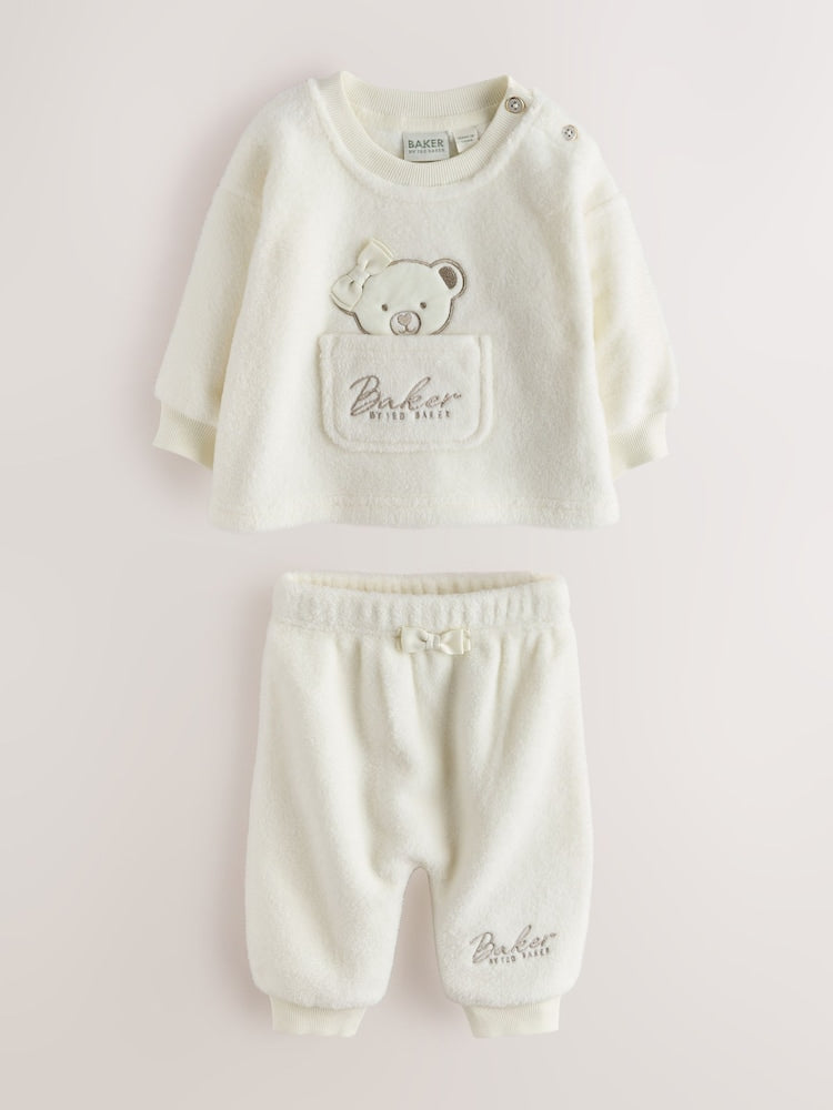Baker by Ted Baker Cream 2 Piece Fleece Bear Graphic Top &amp; Joggers Set - Size Newborn