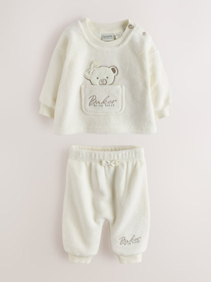 Baker by Ted Baker Cream 2 Piece Fleece Bear Graphic Top &amp; Joggers Set - Size Newborn