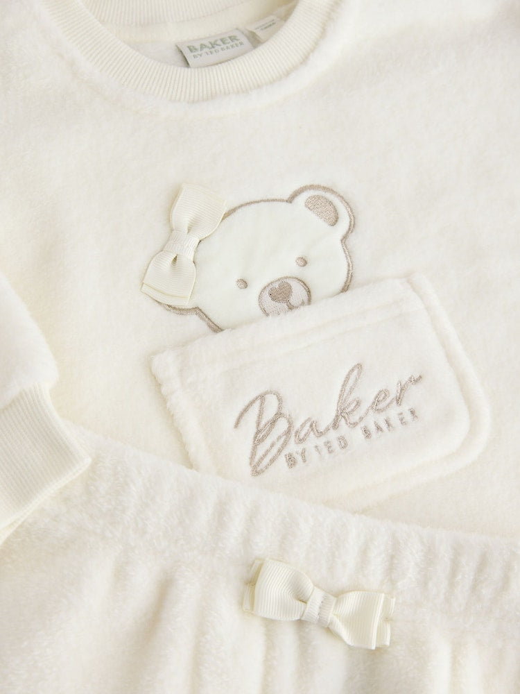 Baker by Ted Baker Cream 2 Piece Fleece Bear Graphic Top &amp; Joggers Set - Size Newborn