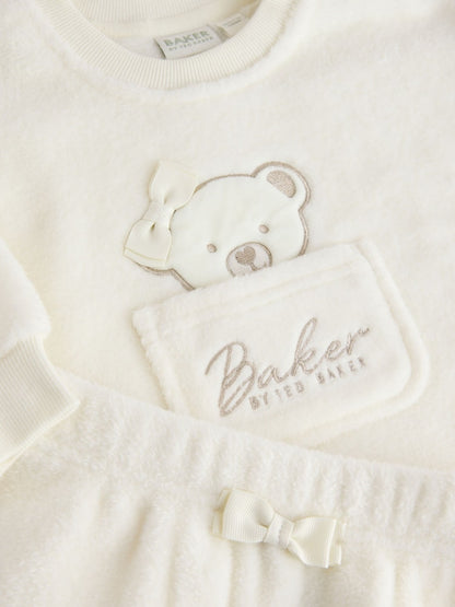 Baker by Ted Baker Cream 2 Piece Fleece Bear Graphic Top &amp; Joggers Set - Size Newborn