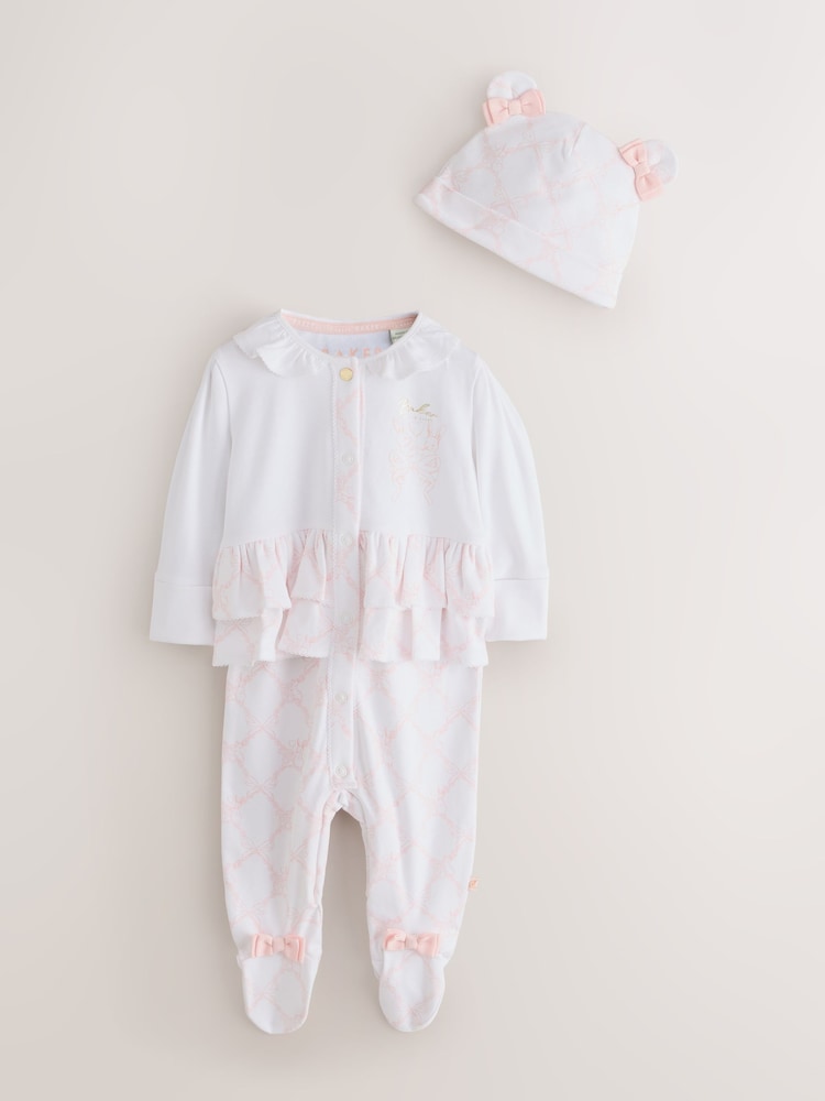 Baker by Ted Baker White/Pink Peplum Frill Sleepsuit &amp; Hat Set - Size Newborn - White/Pink Peplum Frill