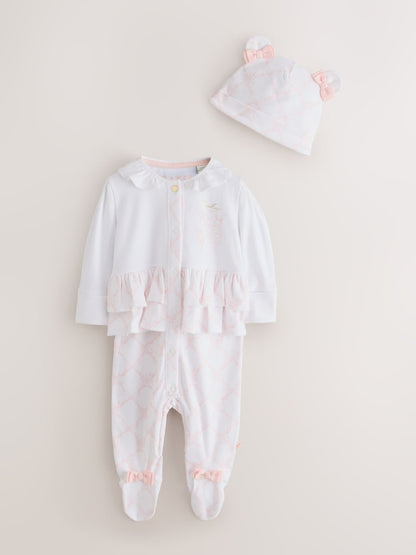 Baker by Ted Baker White/Pink Peplum Frill Sleepsuit &amp; Hat Set - Size Newborn - White/Pink Peplum Frill